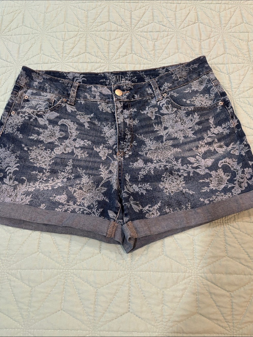 Time and Tru Denim Shorts with floral design